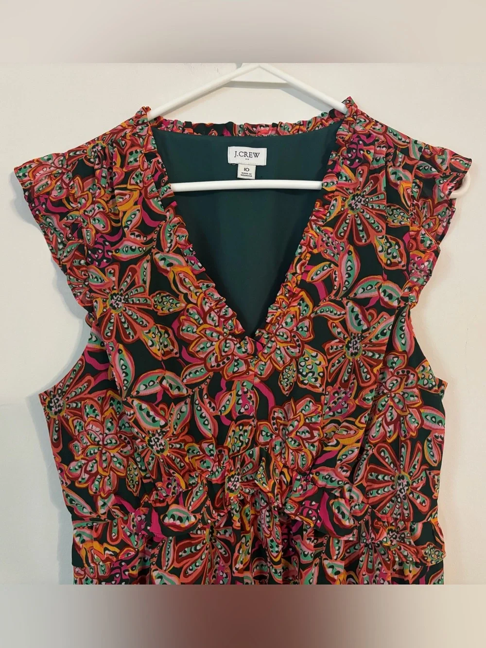 J. Crew Floral Green and Pink Ruffle Sleeveless Dress Colorful Garden Tiered 10